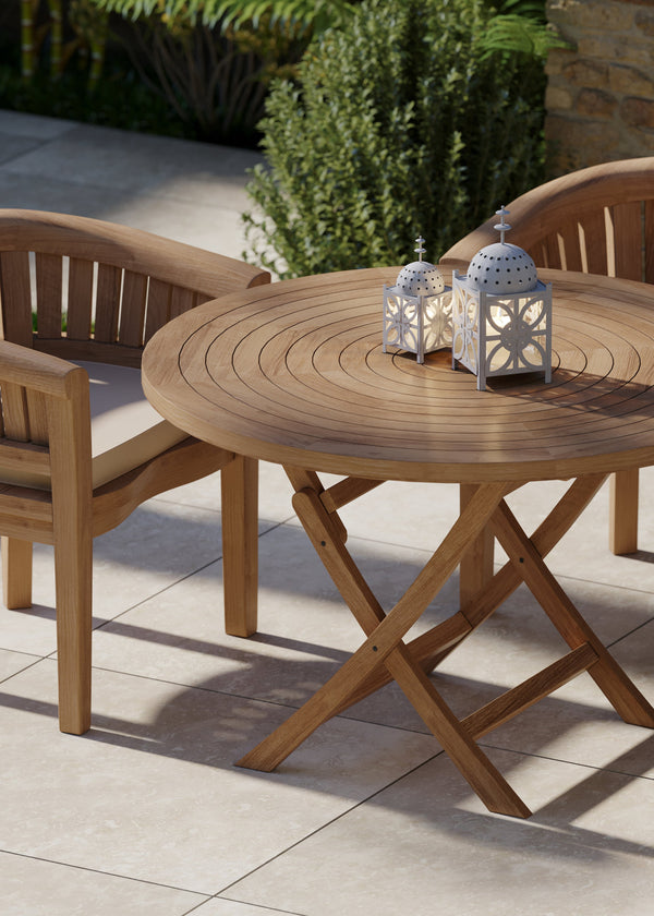 Teak Set 120cm Round Folding Spiral Table with 4 San Francisco Chairs.