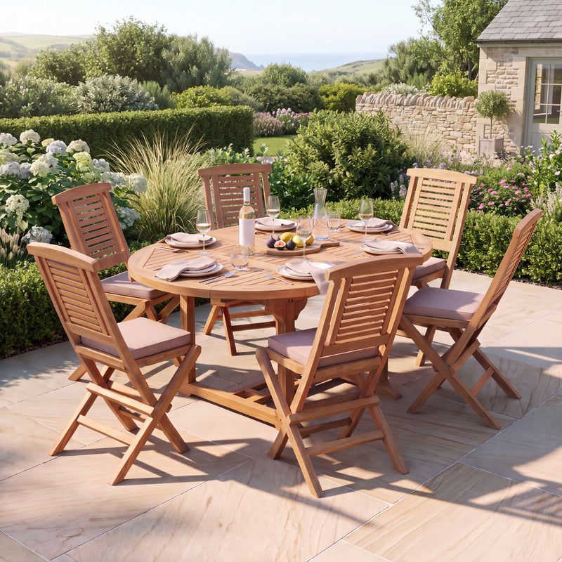 Teakholz Gartenmöbel-Set – ausziehbarer rund-ovaler Gartentisch 120–17