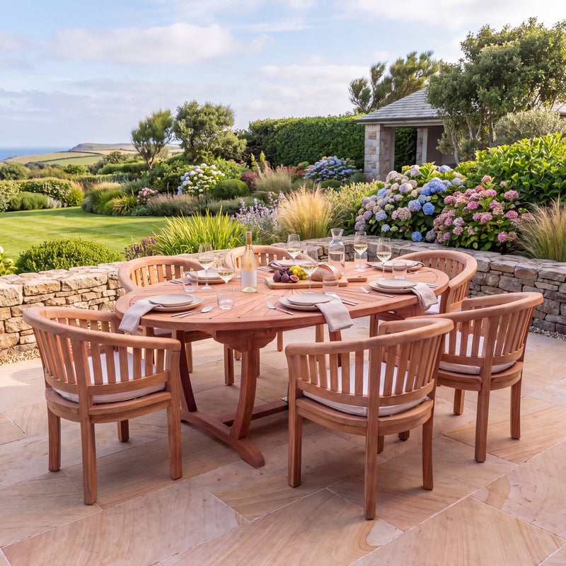Teakholz-Gartenmöbelset – 2 m langer Sonnentisch mit 6 San Francisco Stühlen, inklusive Kissen
