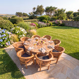Teak Set 180cm Maximus Round Table 4cm Top (8 San Francisco Chairs) Cushions included - Contemporary Outdoor Dining Collection - UK and Ireland garden setting - image 1