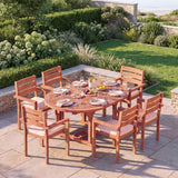 Teak Round-to-Oval 120-170cm Extending Table with 6 Marlow Stacking Chairs - Teak Garden Dining Set - UK and Ireland garden setting - image 1