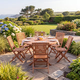 Teak 120cm Round Sunshine Folding Table 4cm Top (6 Folding Chairs) Cushions Included - Premium Teak Garden Furniture Set - UK and Ireland garden setting - image 2
