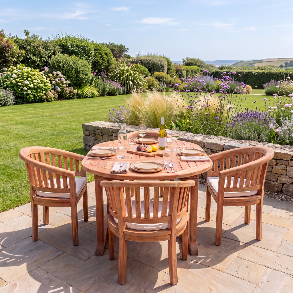 Teak Gartenmöbel Set 120-170cm Runder bis ovaler Tisch 4 San Francisco Stühle aus Teakholz, inklusive Kissen