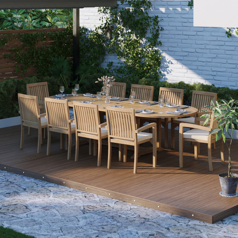 Teak garden furniture 2-3m oval extending table with 4cm top (10 Henley stacking chairs) including cushions.